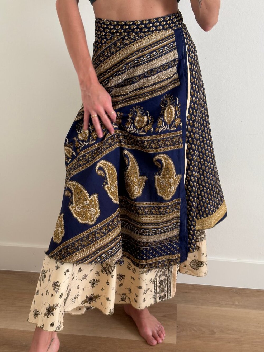 Vintage Silk Reversible Wrap Skirt One Size Boho Gypsy Maxi